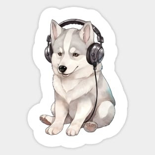 Watercolor Siberian Husky Dog with Headphones Sticker